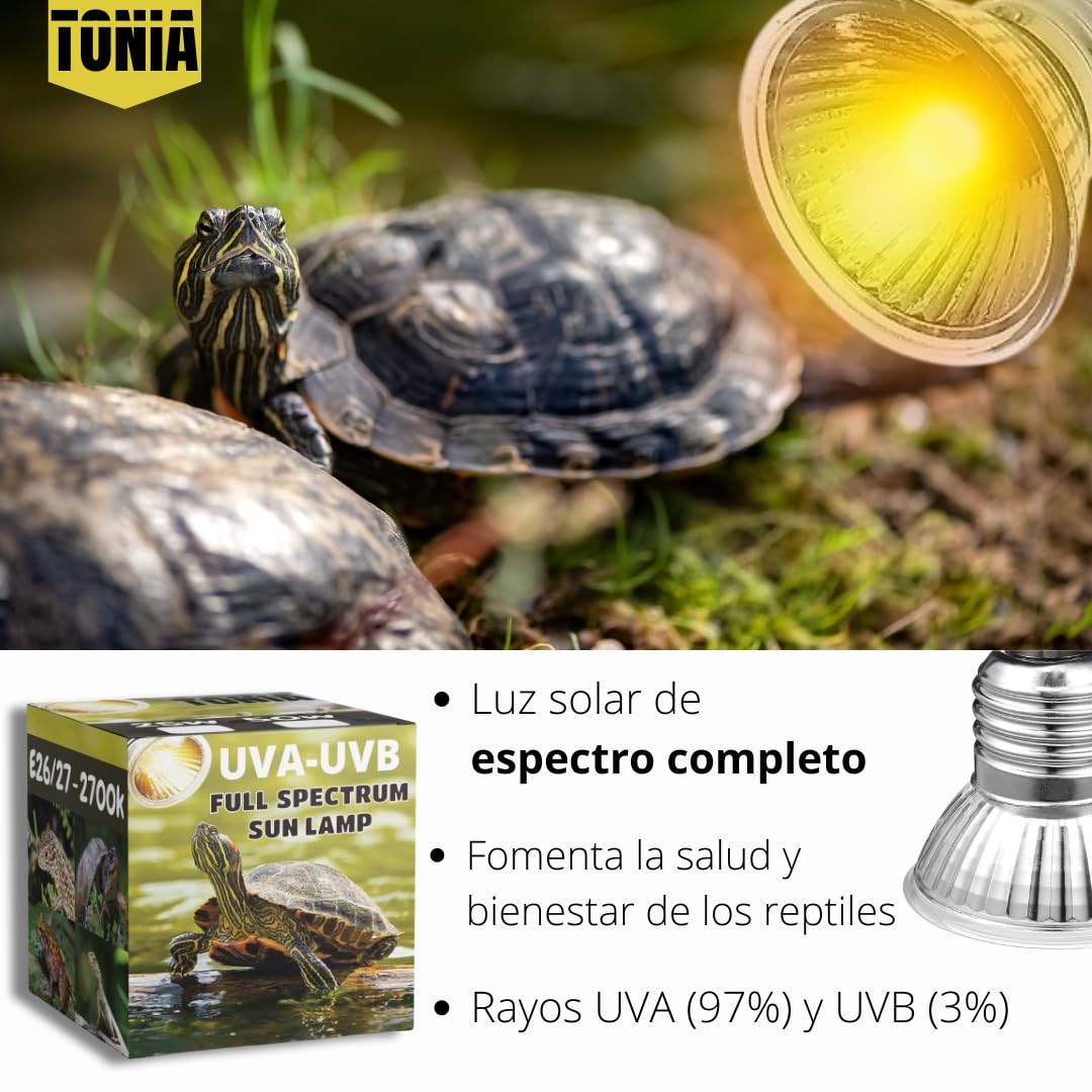 Tonia Kit de 4 Bombillas UVA/UVB + Portalámparas para Reptiles – 2x25W + 2x50W – Luz Solar de Espectro Completo para Terrarios y Acuarios Tortugas, Camaleones – 360º