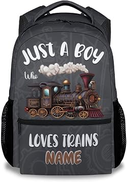 UNIKITTY Personalized Kids Backpack for Boys, Cute Train Backpack for Elementary Middle School, Grey Large Capacity Bookbag with Adjustable Straps, 17" School Backpack for Kids Travel
