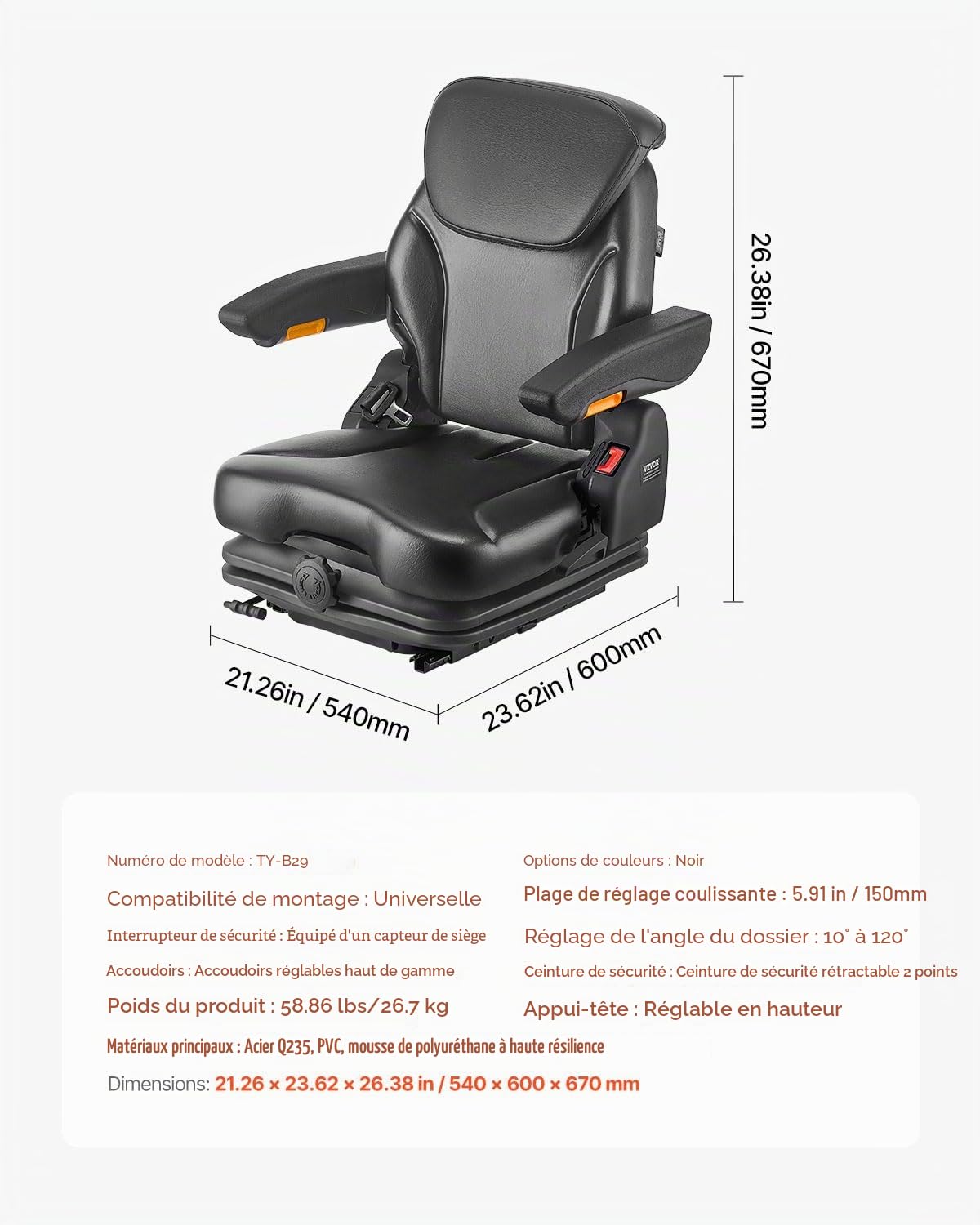 VEVOR Siège de Chariot Élévateur Universel, 54x60x67 cm, Siège de Tracteur de Suspension avec Dossier Réglable, Accoudoir, Appui-tête, Ceinture de Sécurité, Micro-interrupteur, pour Chargeur, Tondeuse