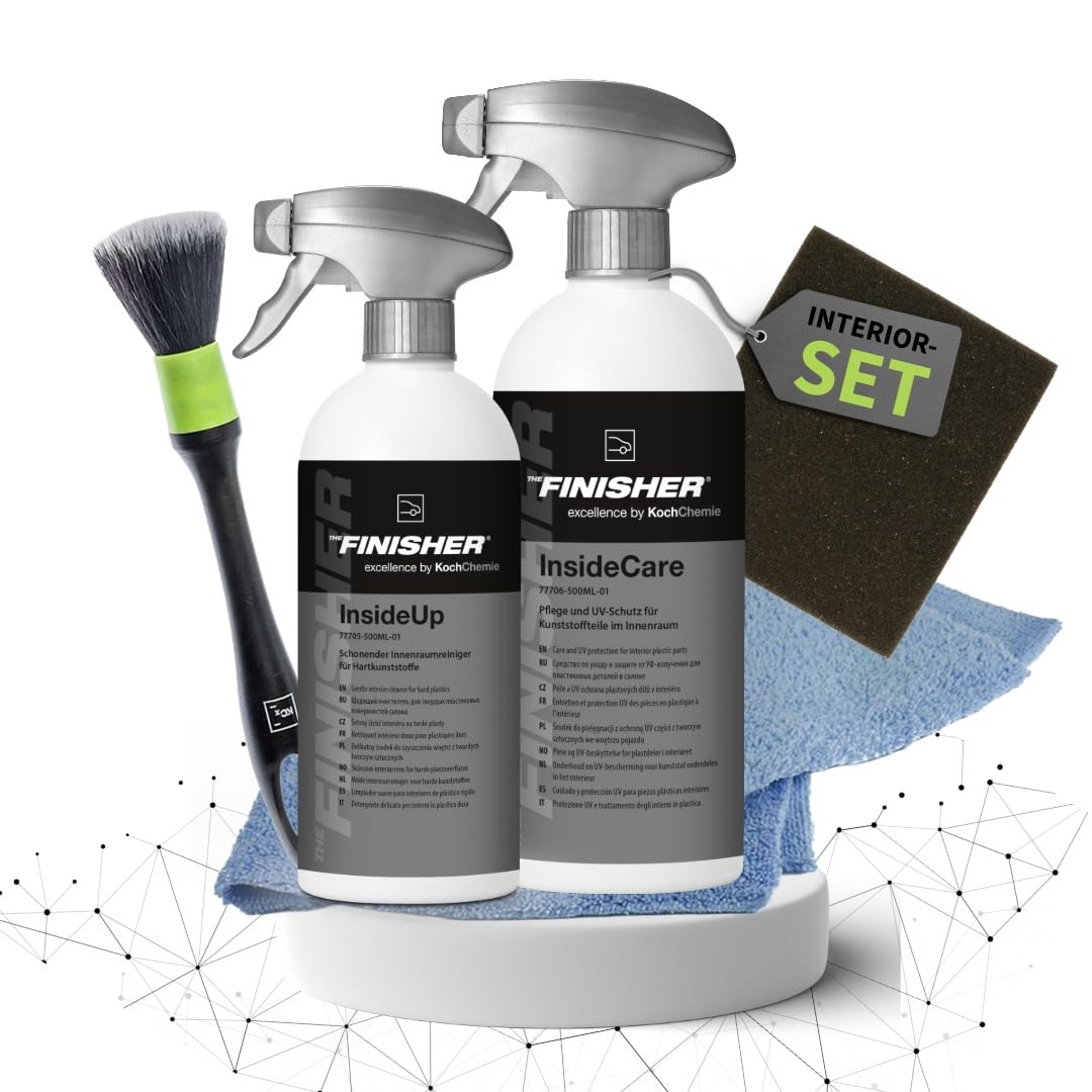 Auto Innenraumreiniger Set – THE FINISHER InsideUp & InsideCare 500 ml Cockpitreiniger und Kunststoffpflege mit Mikrofasertuch, Brush & Schwamm – Innenraum Pflege Set