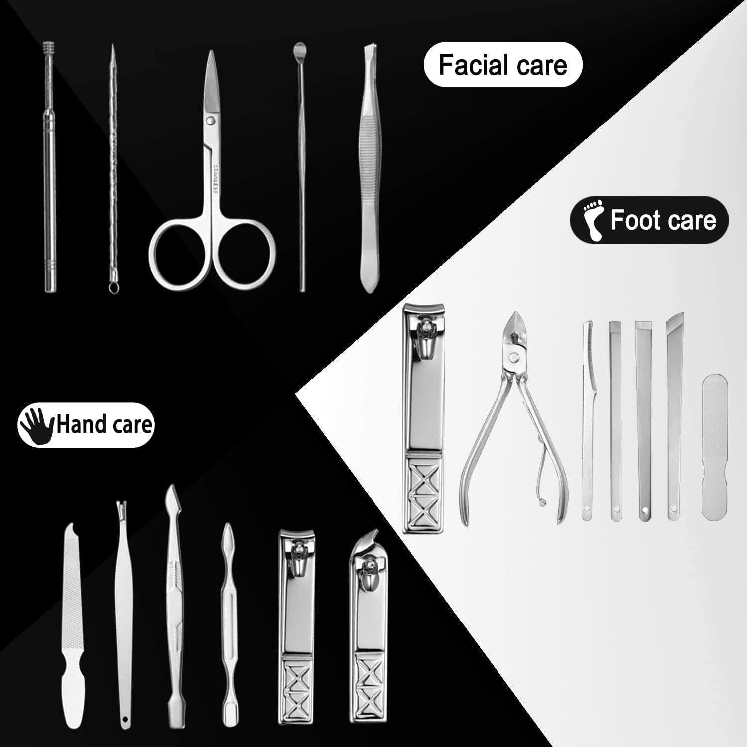 Nail Clippers Set of 19 Nail Care, Grooming Kit, Pedicure & Manicure Set, Includes Eyebrow Scissors, Cuticle Cutters, Nail Files, Earpick, Etc. Etiquette Set, Stainless Steel, Storage Case, Portable,
