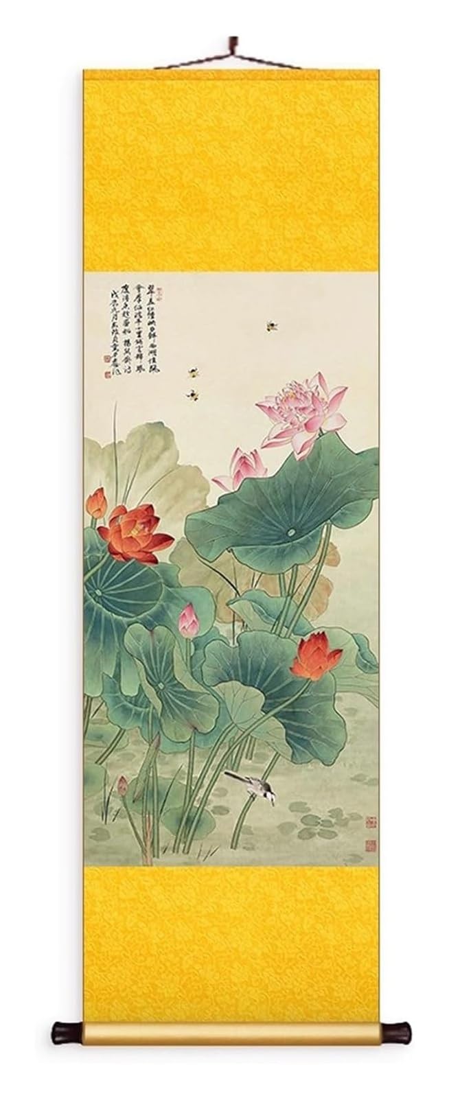 Chińskie malarstwo z motywem lotosu, klasyczny plakat Feng Shui do przedpokoju, pionowy plakat jedwabny, kreatywny prezent(Creamy White,50L x 158W cm)