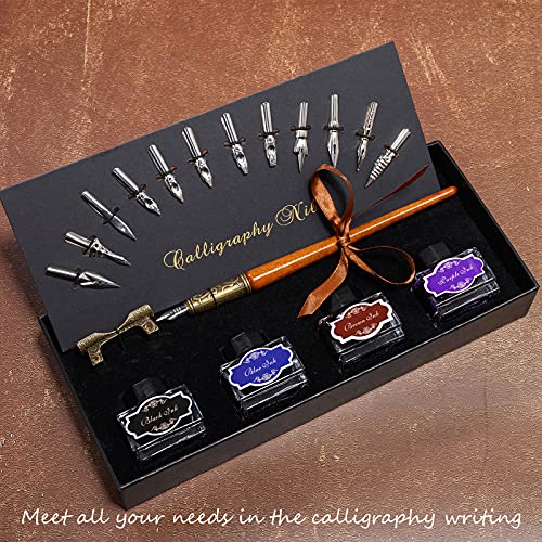 Pohnpice Calligraphy Pen Set，Include Vintage Fountain Wooden Dip Pen For Beginners Writing, 4 Colors Bottles Of Ink, 12 Replaceable Nibs, Antique Brass Pen Holder #TOP6