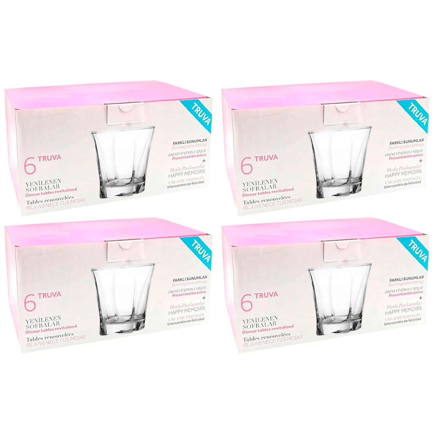 Tradineur - Pack de 4 Caja de 6 vasos Modelo Truva - Capacidad de 280 ML - Fabricado en Vidrio Resistente - Apto para lavavajillas - Tamaño aprox: diámetro 9 x 13 cm - 24 Uds Total.