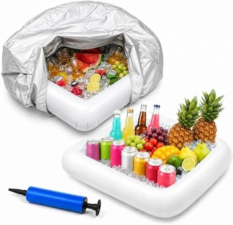 5 Pcs Inflatable Servi5 Pcs Inflatable Serving Bar Pang Bar Party Set with 2 Insulated Covers Hand Pump Drain Plug Small Cooler Ice Buffet Tray for Food Drinks BBQ Picnic Pool Backyard Garden Camping