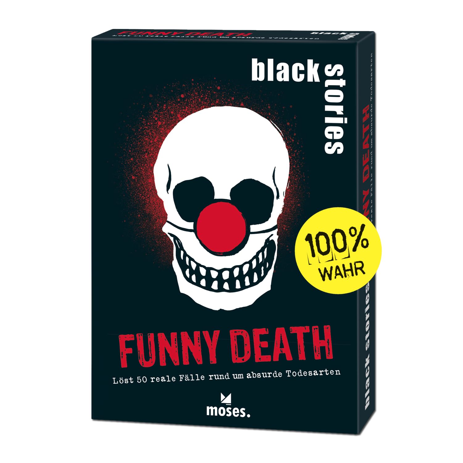 moses. Black Stories Funny Death - 50 Puzzles with Real Cases Around Absurd Types of Death, Crime Card Game with Game Variant and Score Chips, Puzzle Game for Teenagers and Adults