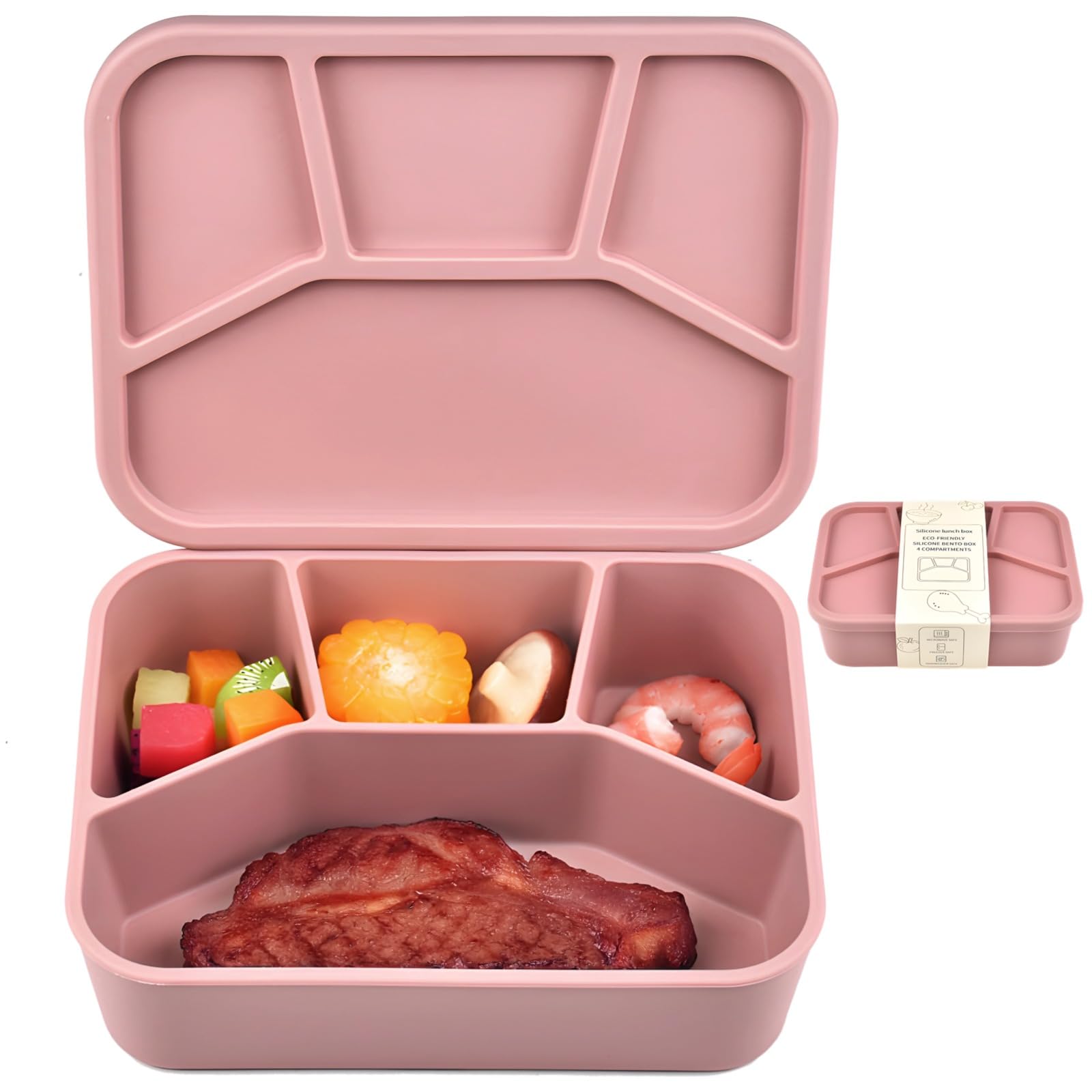 – Silicone Bento Lunch Box Containers, Bento Box with Leakproof Design, 4 Compartments, Microwave and Dishwasher Safe, 8.3 x 6.3 x 2.3 in