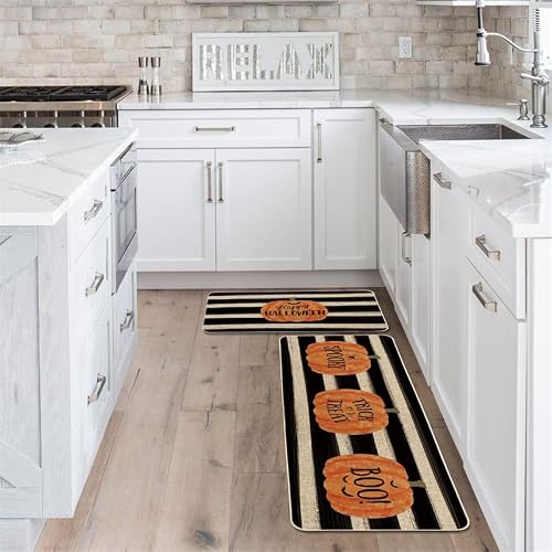 Artoid Mode Watercolor Stripes Pumpkin Decorative Kitchen Mats Set Of 2, Happy Halloween Spooky Trick Or Treat Boo Halloween Holiday Party Low-Profile Floor Mat For Home Kitchen - 17X29 And 17X47 Inch #TOP3