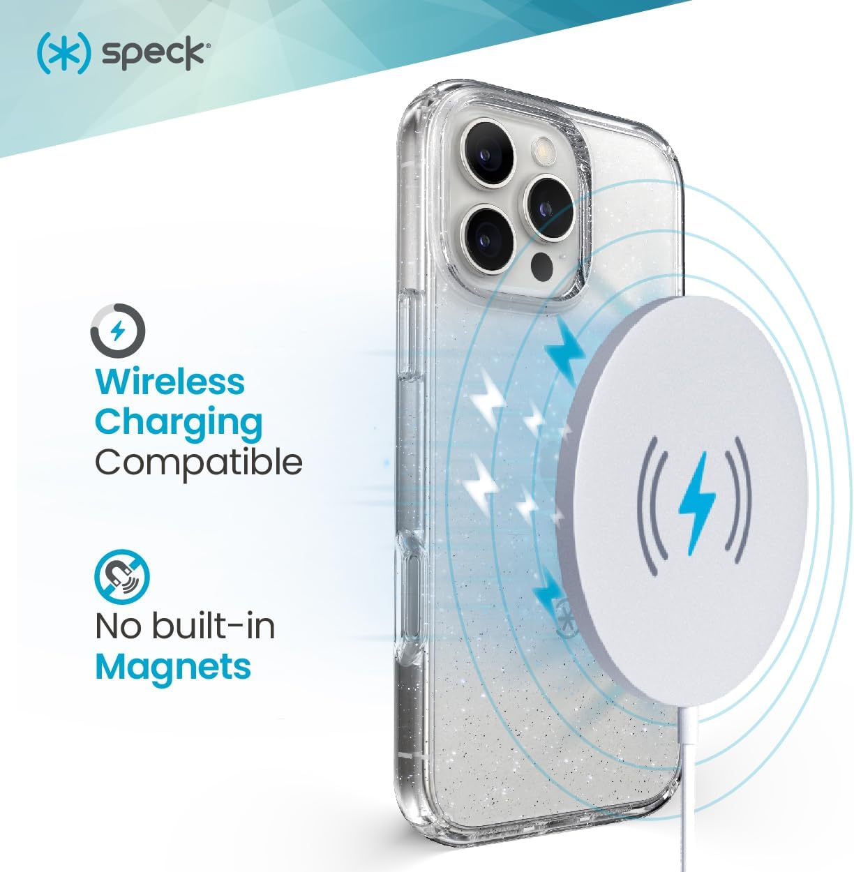 Speck Clear iPhone 16 Pro Case - Slim Phone Case - GemShell - Clear/Platinum Glitter