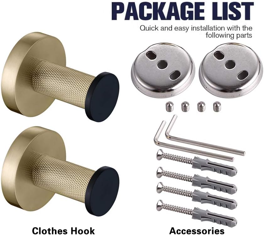 Coat Hooks Brushed Gold Wall Mounted Robe Hook 304 Stainless Steel and Brass Towel Hook Heavy Duty Shower Hook for Kitchen Home, Office, Screw Installation