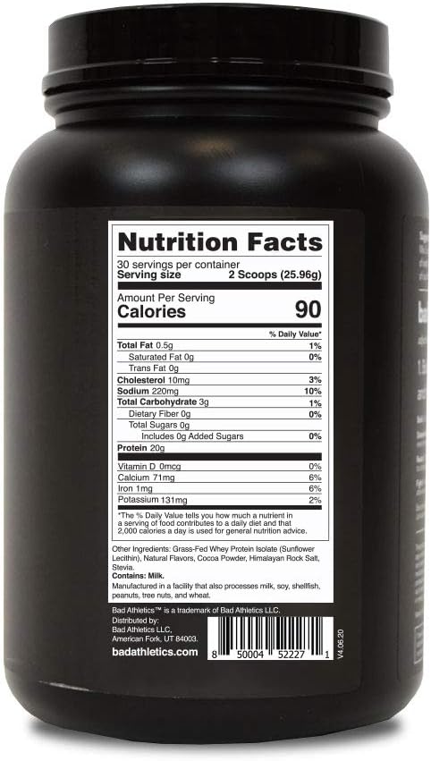 Bad Athletics Milk Chocolate Grass Fed 100% Whey Protein Powder for Women - Five Ingredients, 20g of Protein, Naturally Flavored & Sweetened, 30 Servings