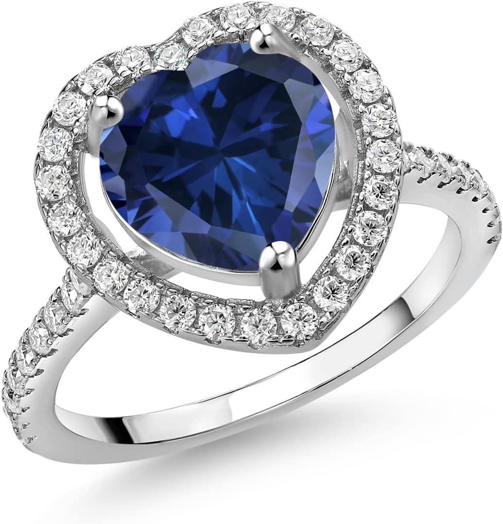 Gem Stone King 10MM Heart Shape Gemstone Birthstone and Moissanite Halo Engagement Ring for Women | 925 Sterling Silver | Wedding Anniversary Promise Ring | Size 5-9
