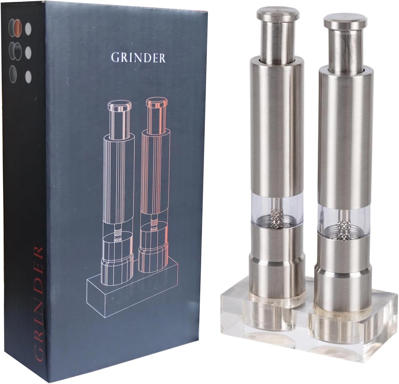 Stainless Steel Salt and Pepper Grinder Set, Manual Refillable Peppercorn Mills with Push Button, Thumb Grinder, Sliver White