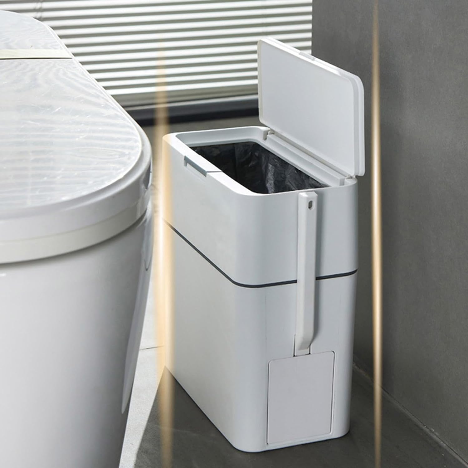 Slim Bathroom Trash Can, Trash Can Bathroom with Toilet Brush, Small Garbage Can with Press-Top Lid, 3 Gallon White Rectangular Plastic Waste Basket Trashcans for Narrow Space, RV Camper Inside