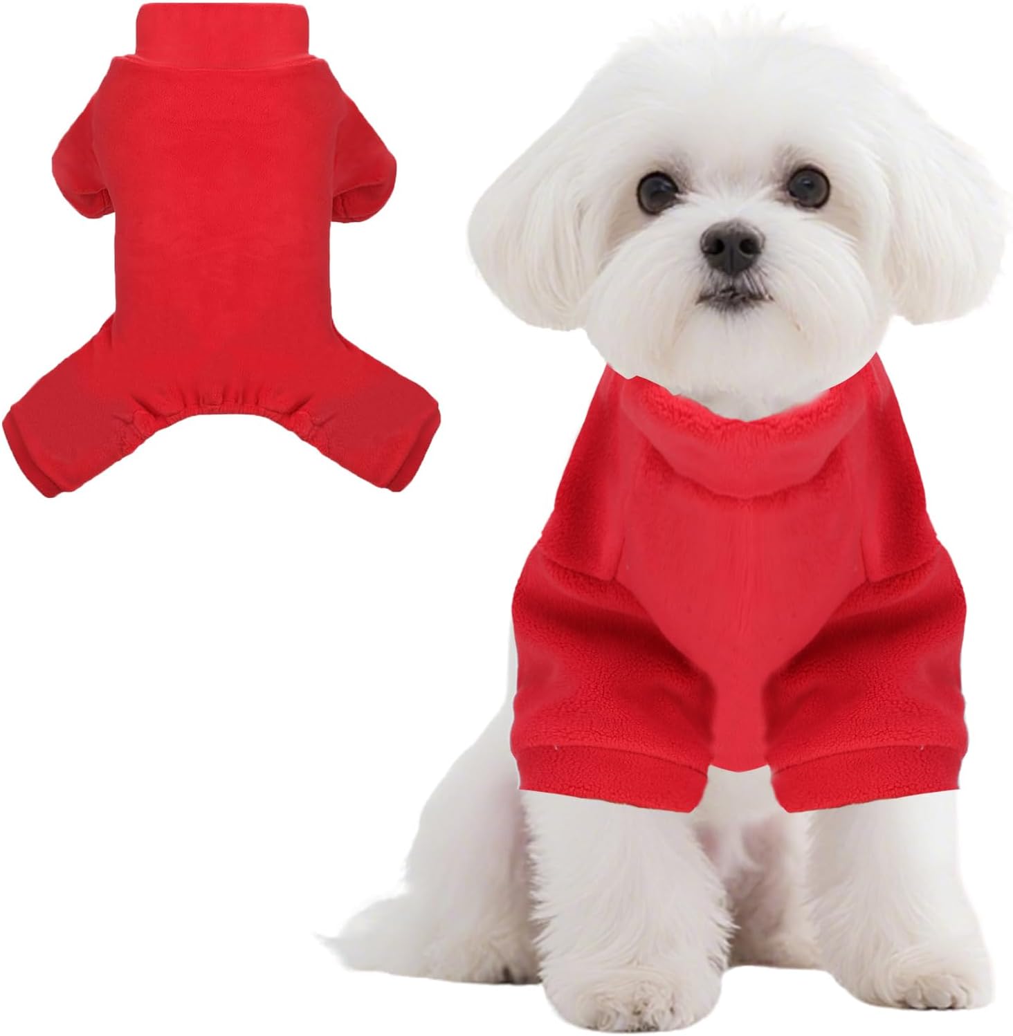 Fleece Dog Pajamas Turtleneck Thermal Dog Pjs Dog Jumpsuit Pet Outfits Warm Dog Onesie Soft Puppy Clothes for Small Sized Dogs and Cats (Red, Medium)