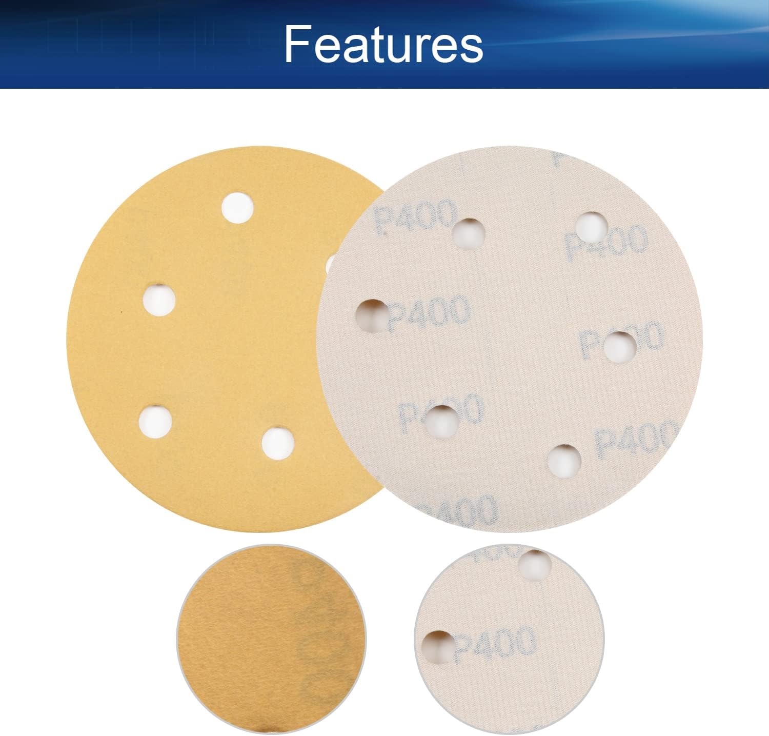 Auniwaig 5-Inch 6-Hole Hook and Loop Sanding Discs,400 Grits Gold Sanding Disc for Random Orbital Sander,15 PCS