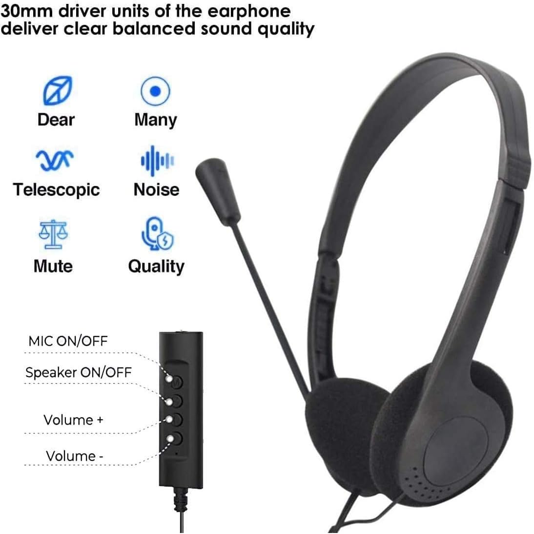 USB PC Headsets with Microphone Noise Cancelling Mic & Audio Controls, Wired Stereo Computer Headphone Adjustable Headband PC Headset Earphone for Office, Online Conference