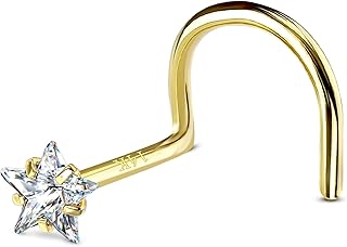 14k Solid Gold Nose Studs 14k Gold 3mm Nose Rings for Women Real Gold Star CZ Nose Screw 14k Hypoallergenic Nose Piercing Gold
