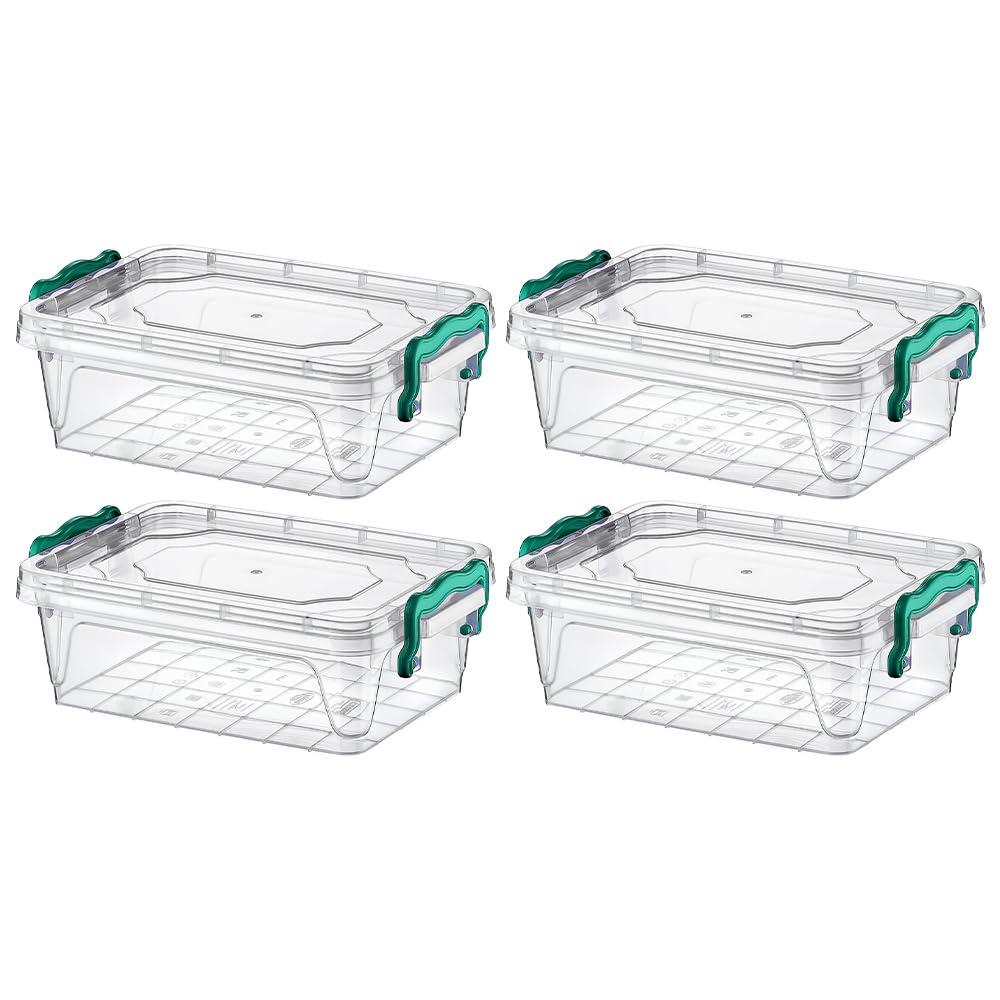 4 Pcs x 1.2 Liter Plastic Storage Box with Lid Clip Multipurpose Clear Rectangle Container Transparent Heavy Duty Stackable Box Ideal for Home, Office, Kitchen, Food, Toys, Closet, Animal Feed