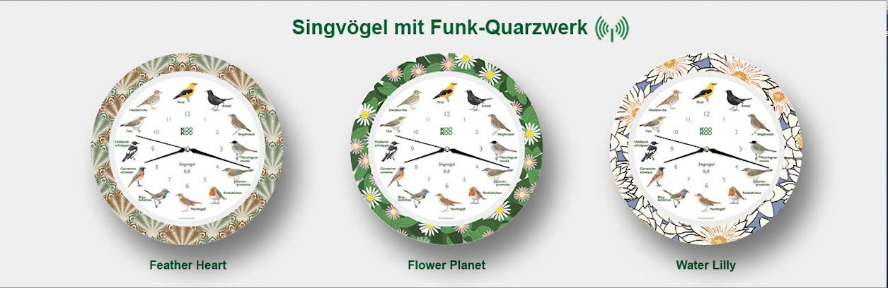 KOOKOO Reloj con diseño de pájaros cantores con 12 pájaros cantores y auténticas Voces Naturales de pájaros, con Mecanismo de Cuarzo radiocontrolado por Radio