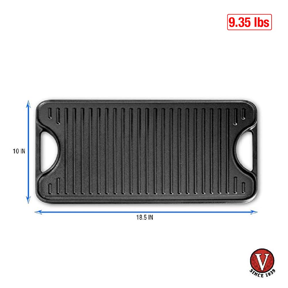 Victoria Rectangular Cast Iron Double Burner, Reversible Griddle Grill Seasoned with 100% Kosher Certified Non-GMO Flaxseed Oil, 18.5 x 10 Inch, Black