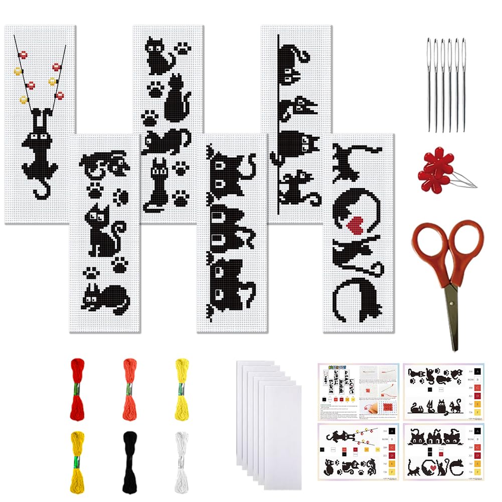 FREEBLOSS 6 Set Cross Stitch Bookmark Kit Stamped Cross Stitch Kit Black Cat Embroidery Set with Instruction for Adults 8''*2.4''