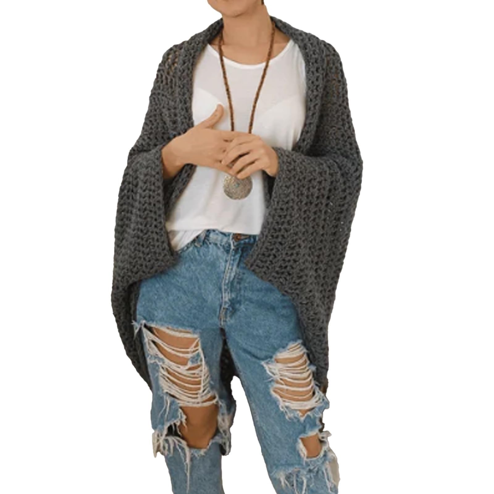 YOMACY Crochet Cocoon Shrug,Boho Cardigan For Women,Scarf Sweater Knitted Cable Wrap With Sleeves,Knitted Wrap,Cozy Crochet Cocoon Shrug(Dark Gray)