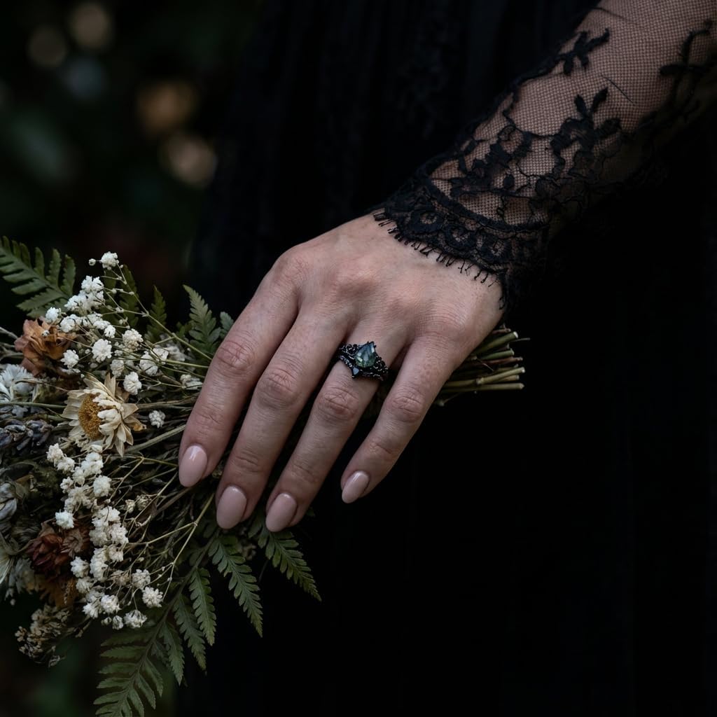 Natural Moss Agate Engagement Black Ring Set for Women Customizable 10K /14K /18K Gold Promise Wedding Stacking Rings Free Engraving Size 4-15