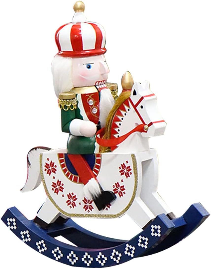 Wooden Nutcracker Soldier Figurine with Rocking Horse 30cm Christmas Nutcracker Model Holiday Tabletop Decoration Red Wood Craft for Indoor Seasonal Décor