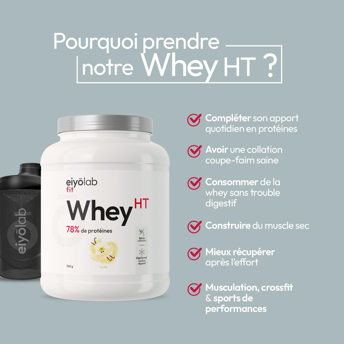 WHEY HT | Jusqu’à 78% de Protéines | Riche en BCAA & Glutamine | Construction Musculaire Rapide | Faible en Calories & Sucres | Digestion Facile | Texture Onctueuse Goût Vanille | 750g | Eiyolab