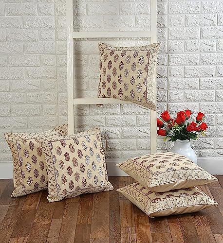Image of Cushion Cover 16 x 16 Inches Soft Jacquard Velvet Fabric Cusion Covers for Sofa Set /Diwan Beds, Ambi,Color- Cream, Set of 5 Pcs