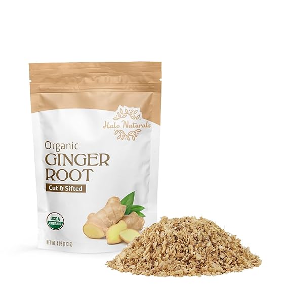 Halo Naturals Organic Ginger Root Cut & Sifted, 4 Ounces (Zingiber officinale) USDA Certified | Resealable Pouch| Packaged in The USA