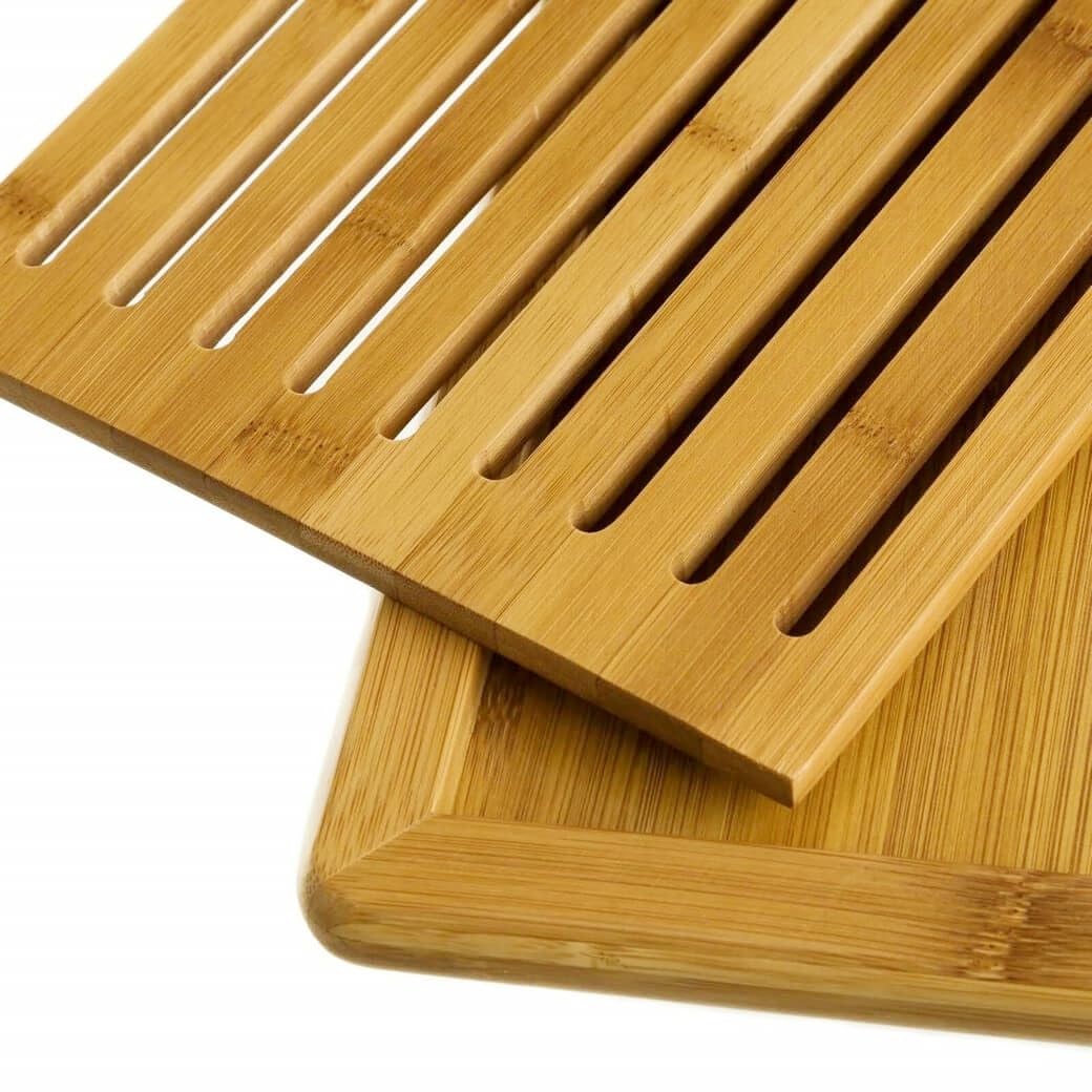 Tagliere per pane in bambù per cucina con vassoio raccogli briciole, robusto e resistente, 9 canali orizzontali 38 x 24 x 2 cm