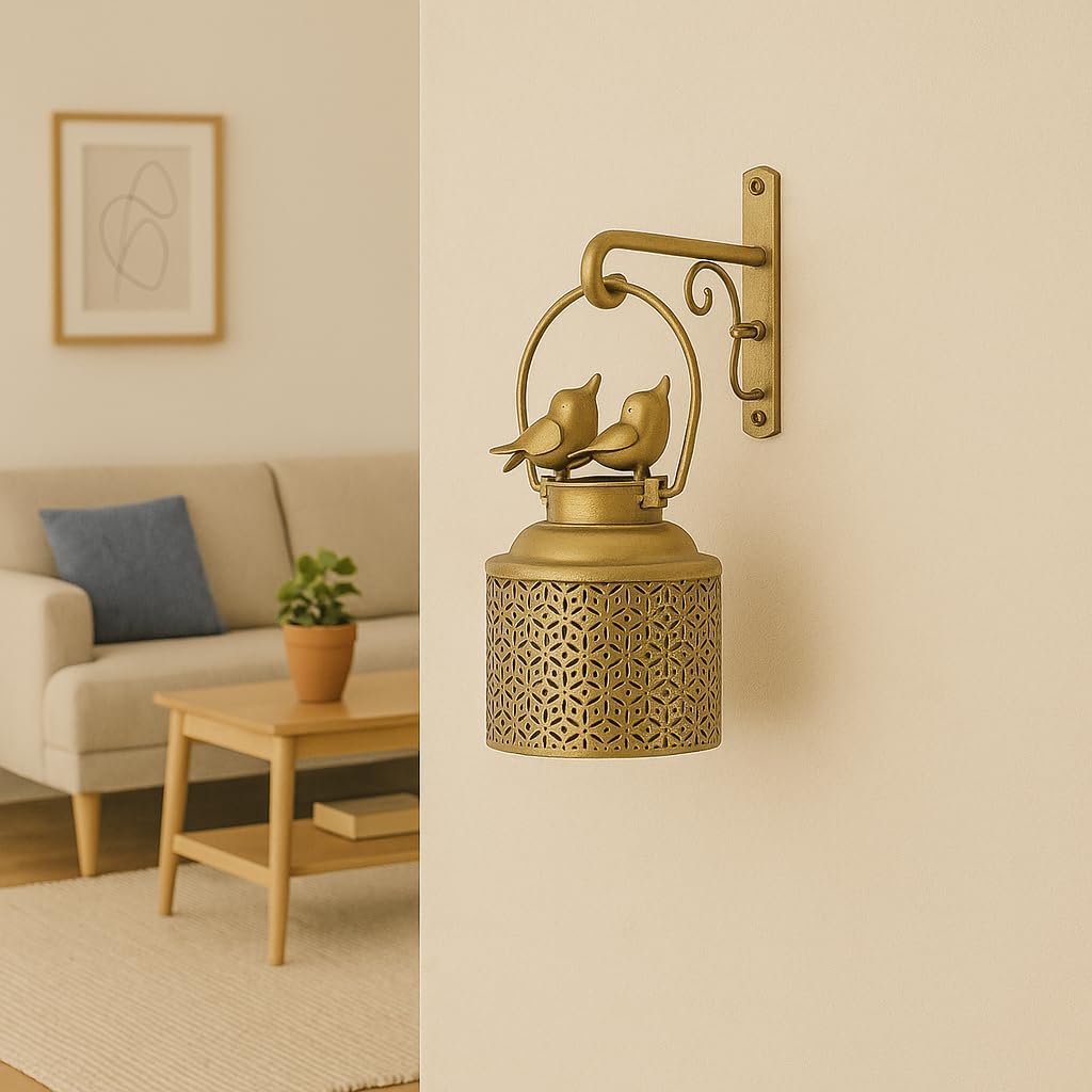 Decorative Metal Lantern with Bird Design, Gold Geometric Pattern, Wall-Mounted Tea Light Holder Size-20X12.5X12.5 cm-image-36