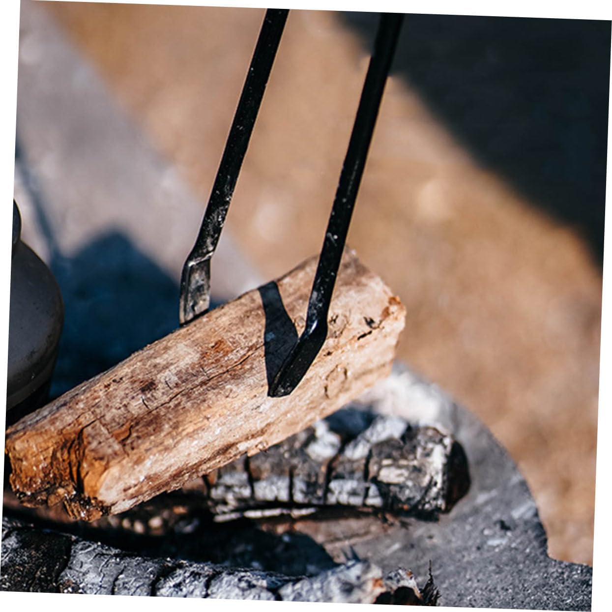 HEMOTON Iron Firewood Tong Wooden Handle for Outdoor BBQ Long Charcoal Clamp for Camping Heat Resistant for Grilling and Fire Pit Use