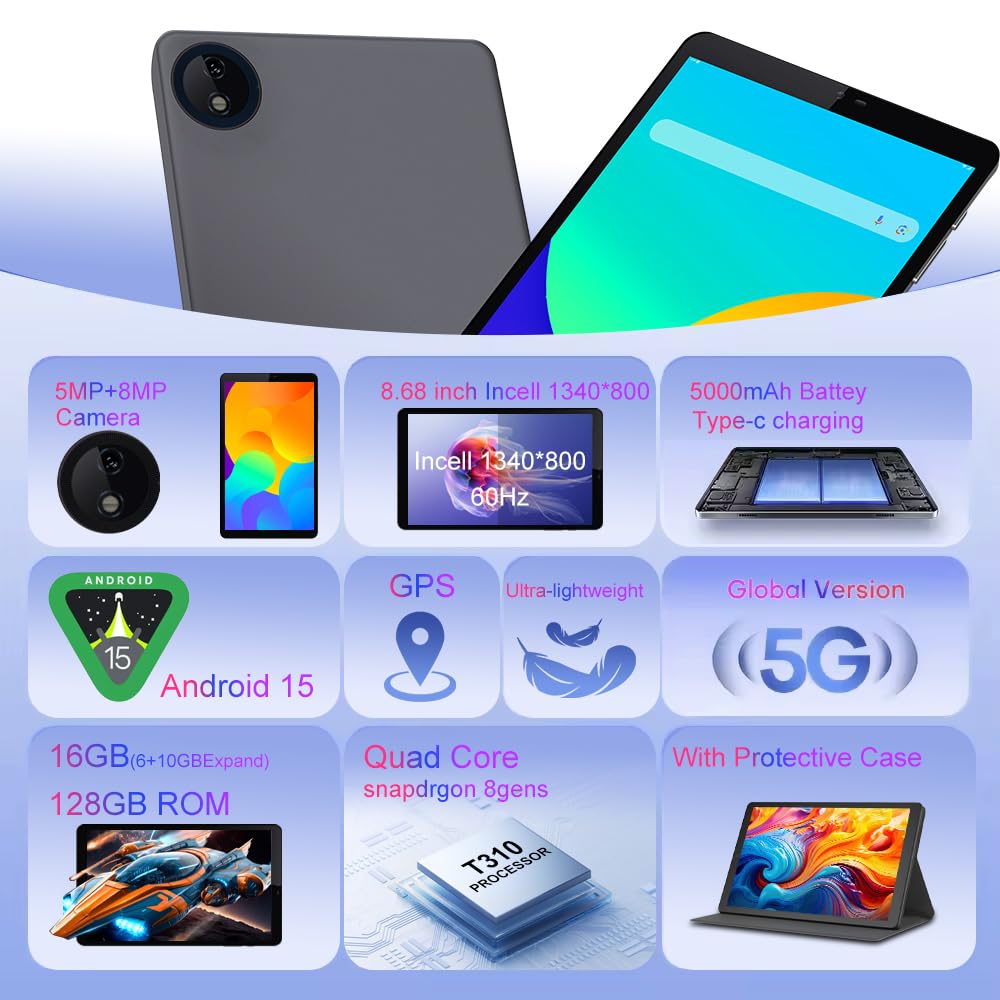 Tablet Android 15 da 8,7 pollici, display Incell, 16 GB (6 + 10) GB + 128 GB con custodia