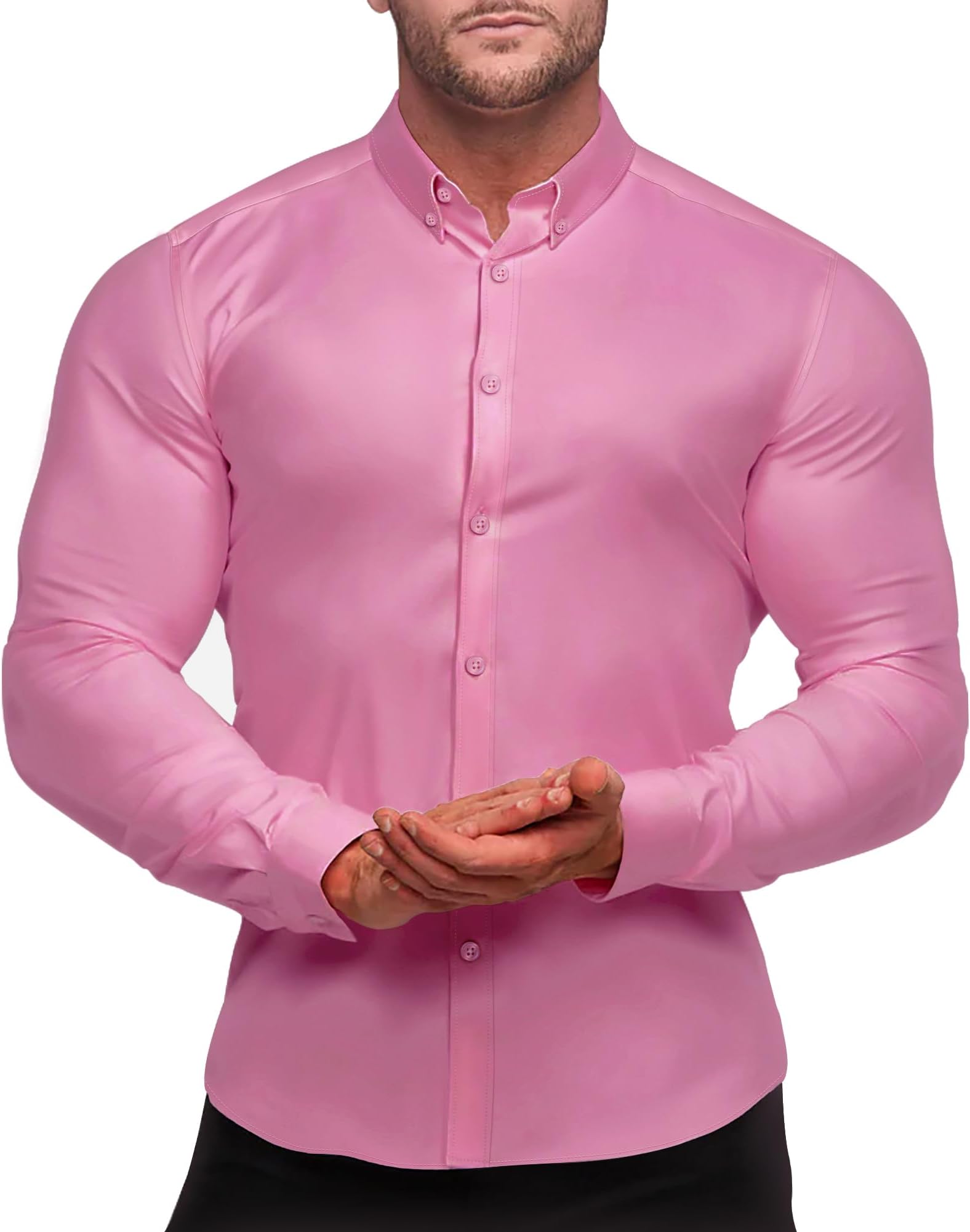 Alimens & GentleMen's Muscle Fit Dress Shirts Long Sleeve Stretch Wrinkle-Free Slim Fit for Men Button Down Shirt