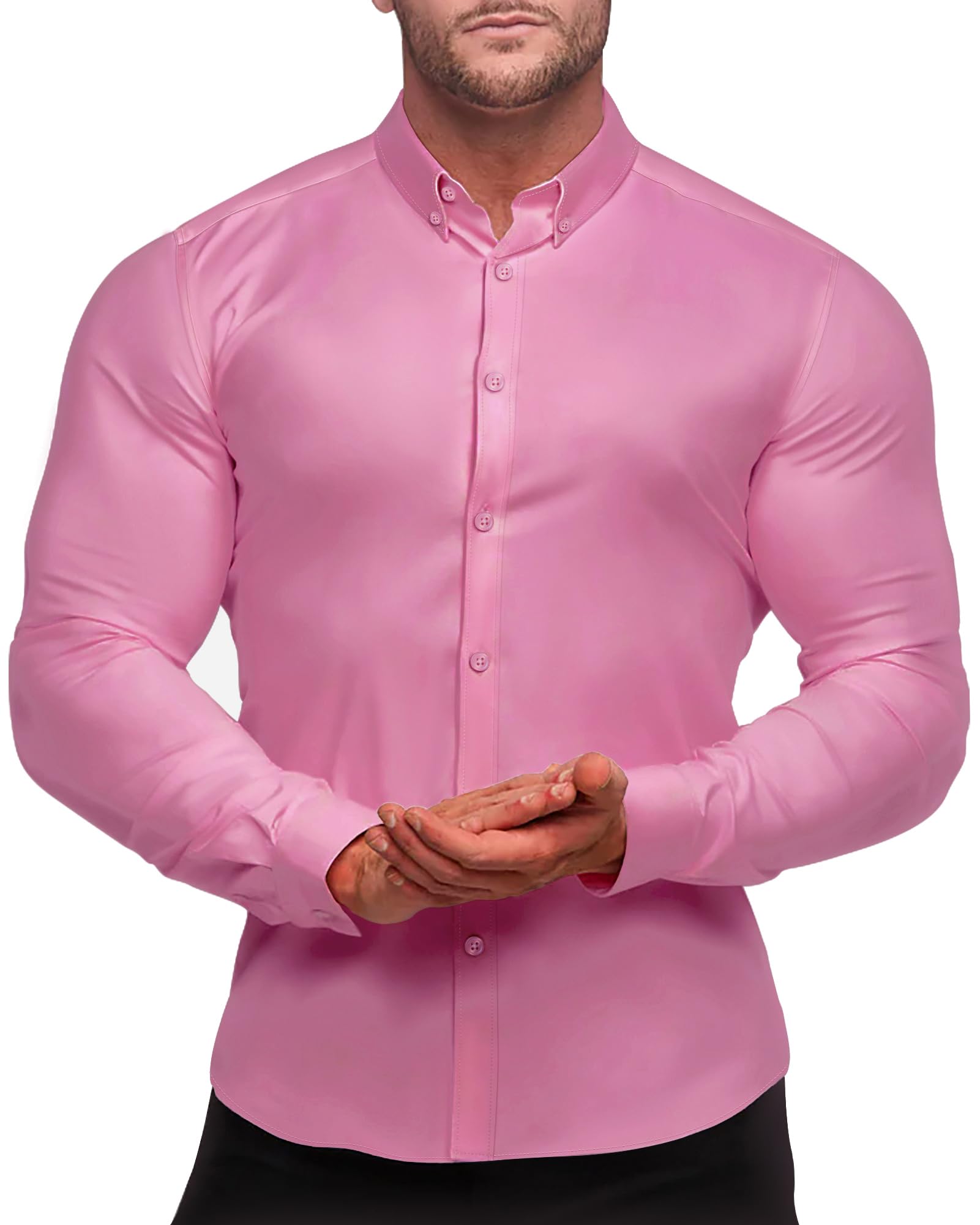 Alimens & GentleMen's Muscle Fit Dress Shirts Long Sleeve Stretch Wrinkle-Free Slim Fit for Men Button Down Shirt