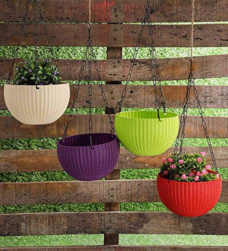 Image of Giore Plastic Hanging Planters with Metal Chains Yellow Flower Pot for Indoor & Outdoor Plants Durable Hanging Baskets for Home, Balcony, Garden & Patio Decor