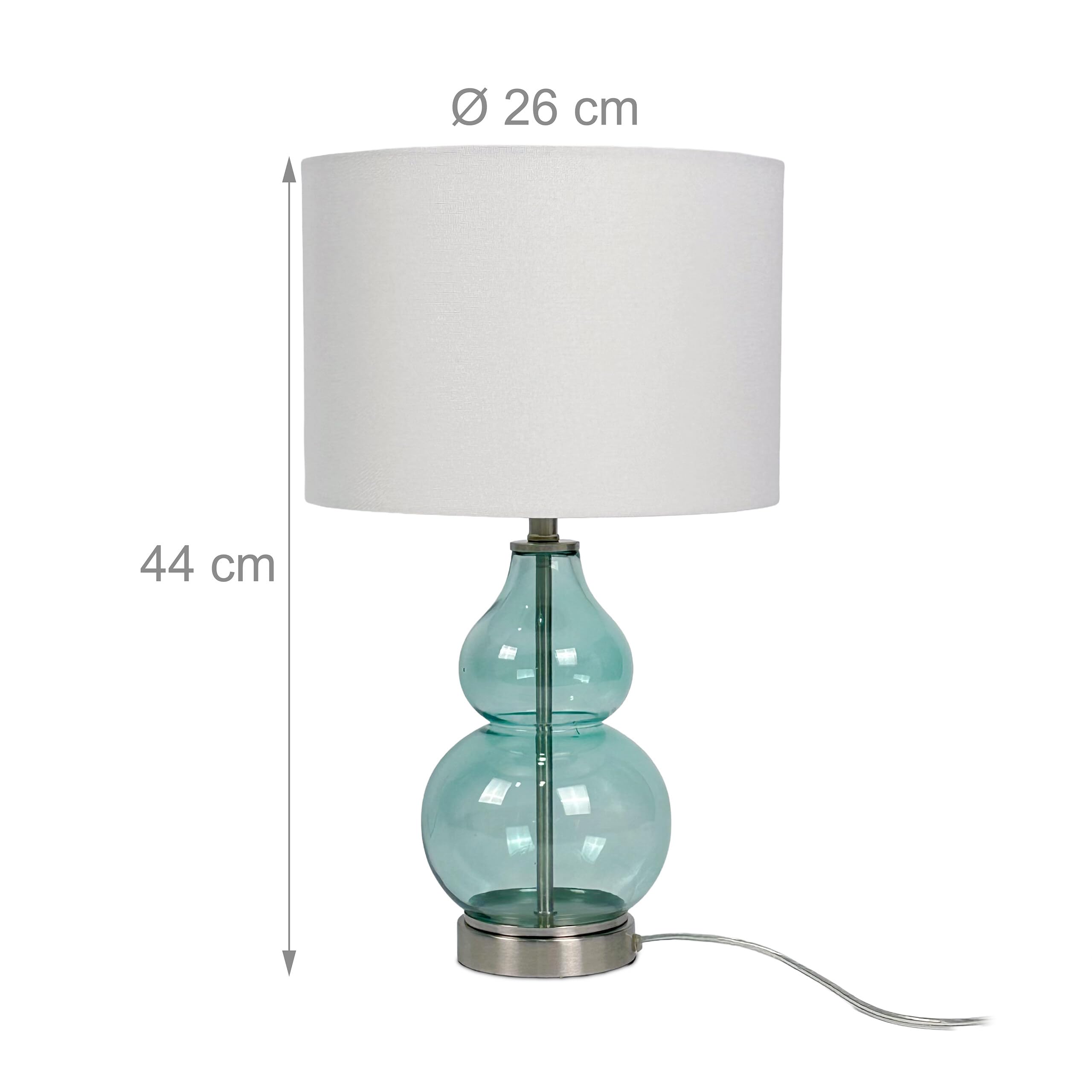 Relaxdays Tischlampe, Glasfuß & Stoffschirm, E14, HxD: 44 x 26 cm, Nachttischlampe mit Kabel, Schlafzimmer, weiß/blau