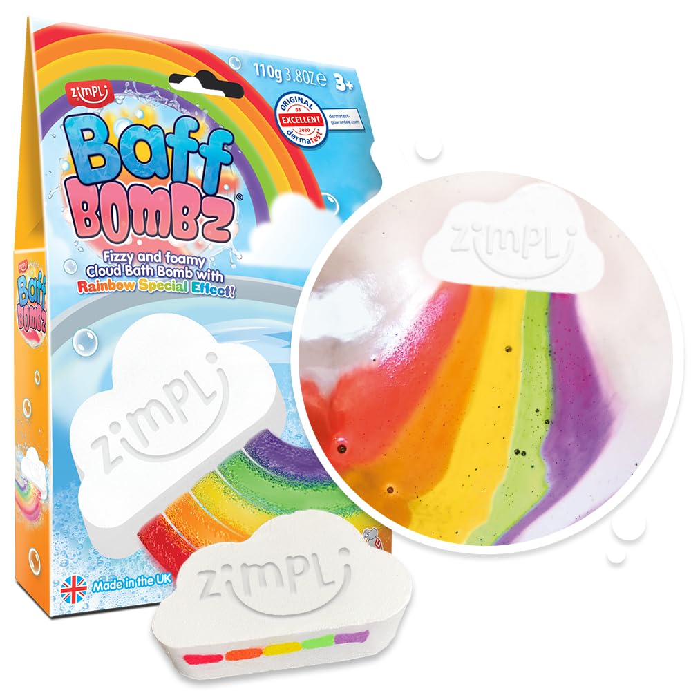ZIMPLI - Grande Bombe de Bain Nuage Arc-en-Ciel Baff Bombz, Crée Un Effet Arc-en-Ciel et Une Aventure pétillante à l’Heure du Bain, Amusement effervescent pour Les Enfants de 4 à 9 Ans
