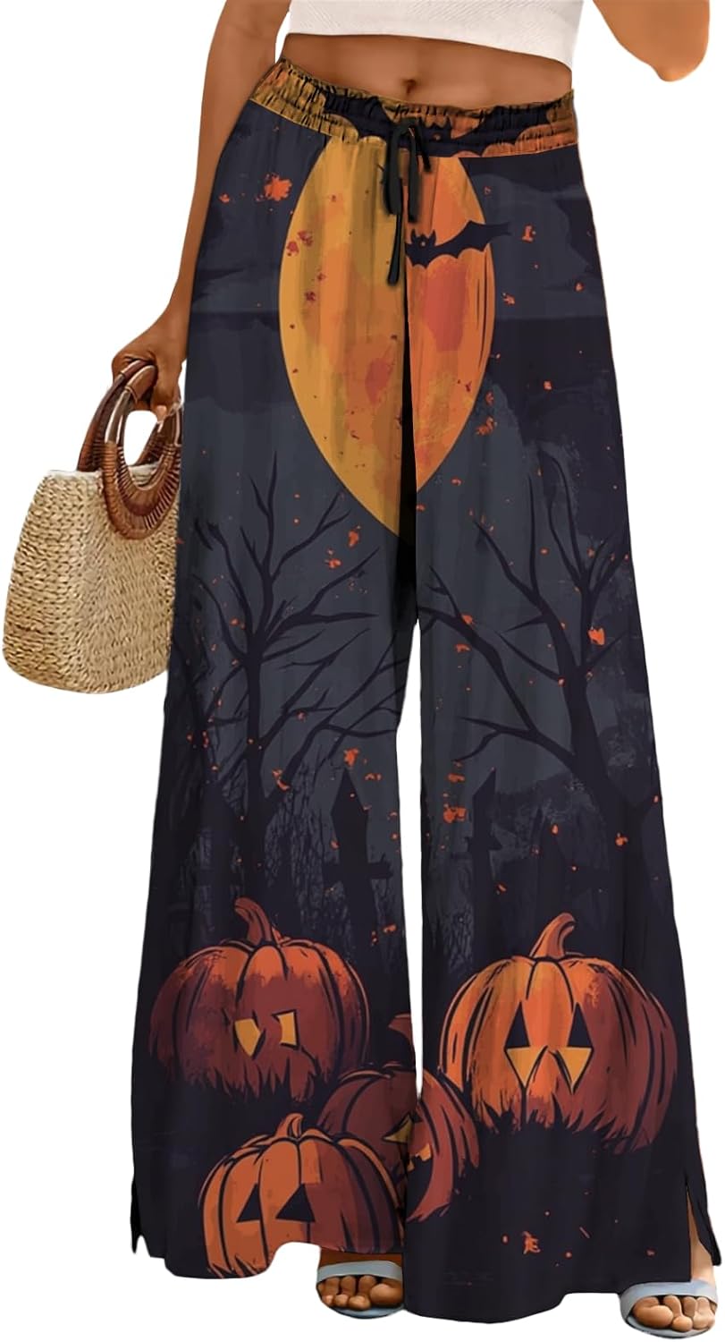 Womens Palazzo Pants Novelty Halloween Printed Casual Trousers Elastic High Waisted Lounge Pants
