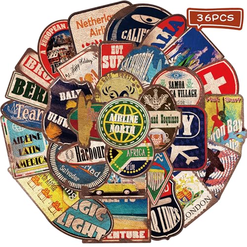 YUISLE 36 PCS Large Size Retro Travel Stickers for Suitcase Aesthetic Vintage Travel Sticker Decal for Luggage Water Bottle Laptop Skateboard Waterproof Vinyl Journals Decals-C03