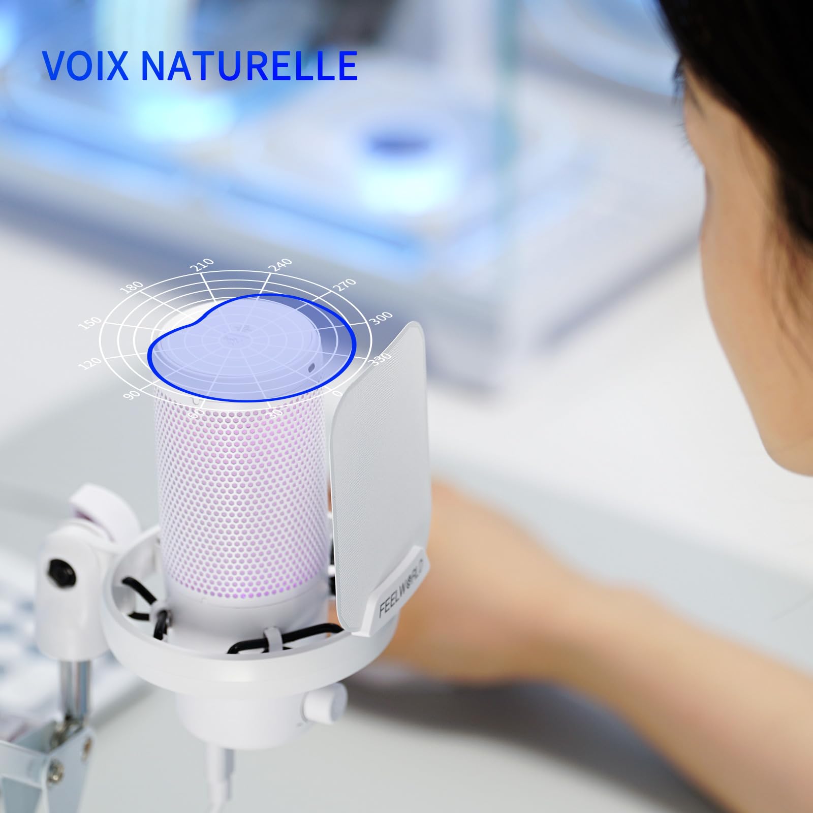 FEELWORLD VM1 USB Gaming Microphone Avec Support Cantilever Pour L'enregistrement de Podcasts,Jeux Vidéo,Microphone De Studio Pour PC,Blanc Avec Pointage Cardioïde,Éclairage RGB,Maille Anti-Projection