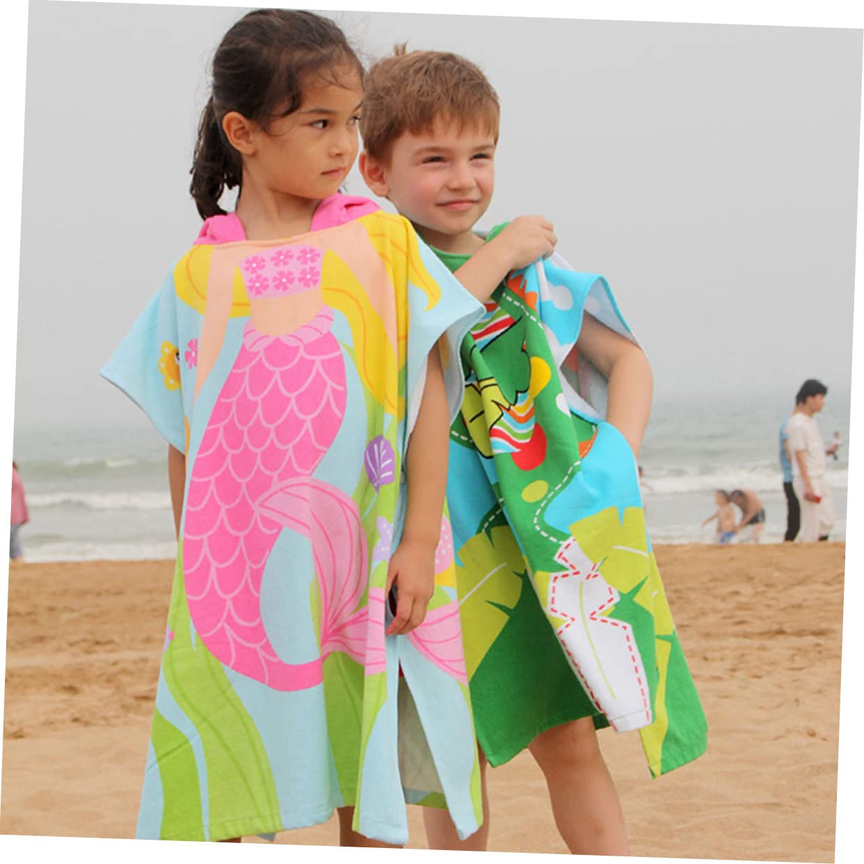 Asciugamano da Spiaggia Indossabile per Bambini, Cappuccio, 60 Cm | Cotone Rosa, Stampa Cartone Animato Sirena, Leggero e Saldo, per Cambio Rapido