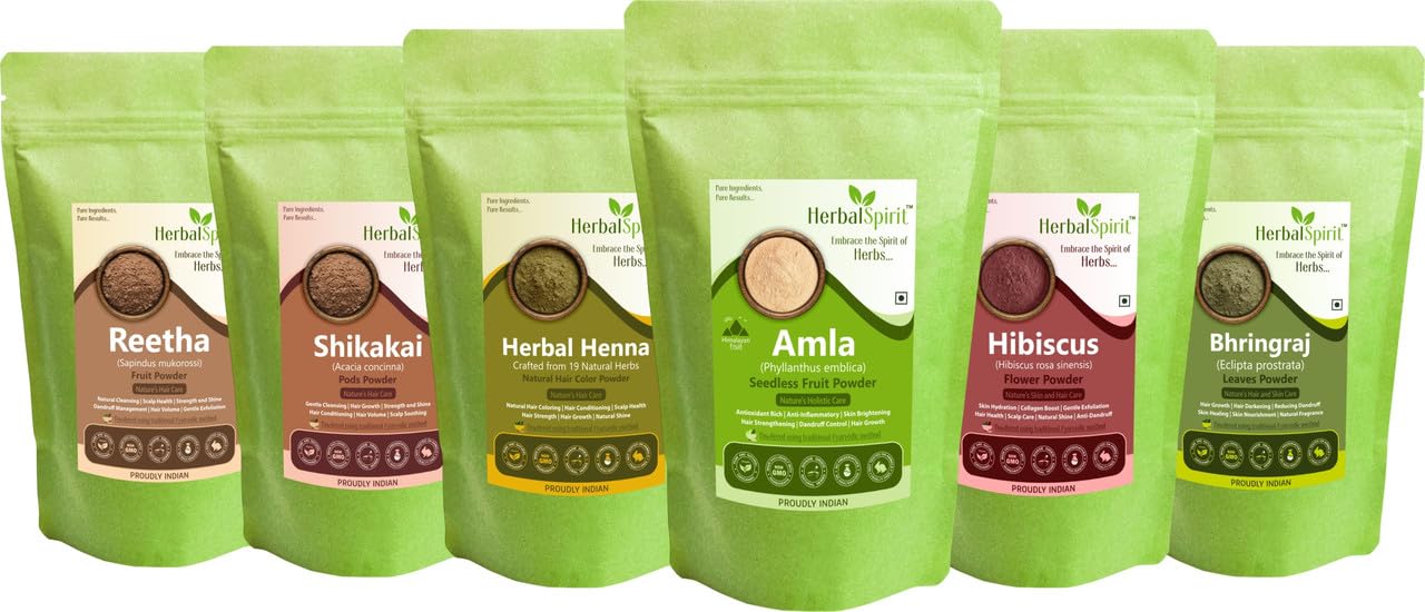 Herbal Spirit Herbal Mehndi for Hair, Amla Reetha Shikakai Powder for Hair with Bhringraj and Hibiscus for Hair Growth | Henna Amla Reetha Shikakai Bhringraj Hibiscus Powder | 100gm each (Pack of 6)-picture-16