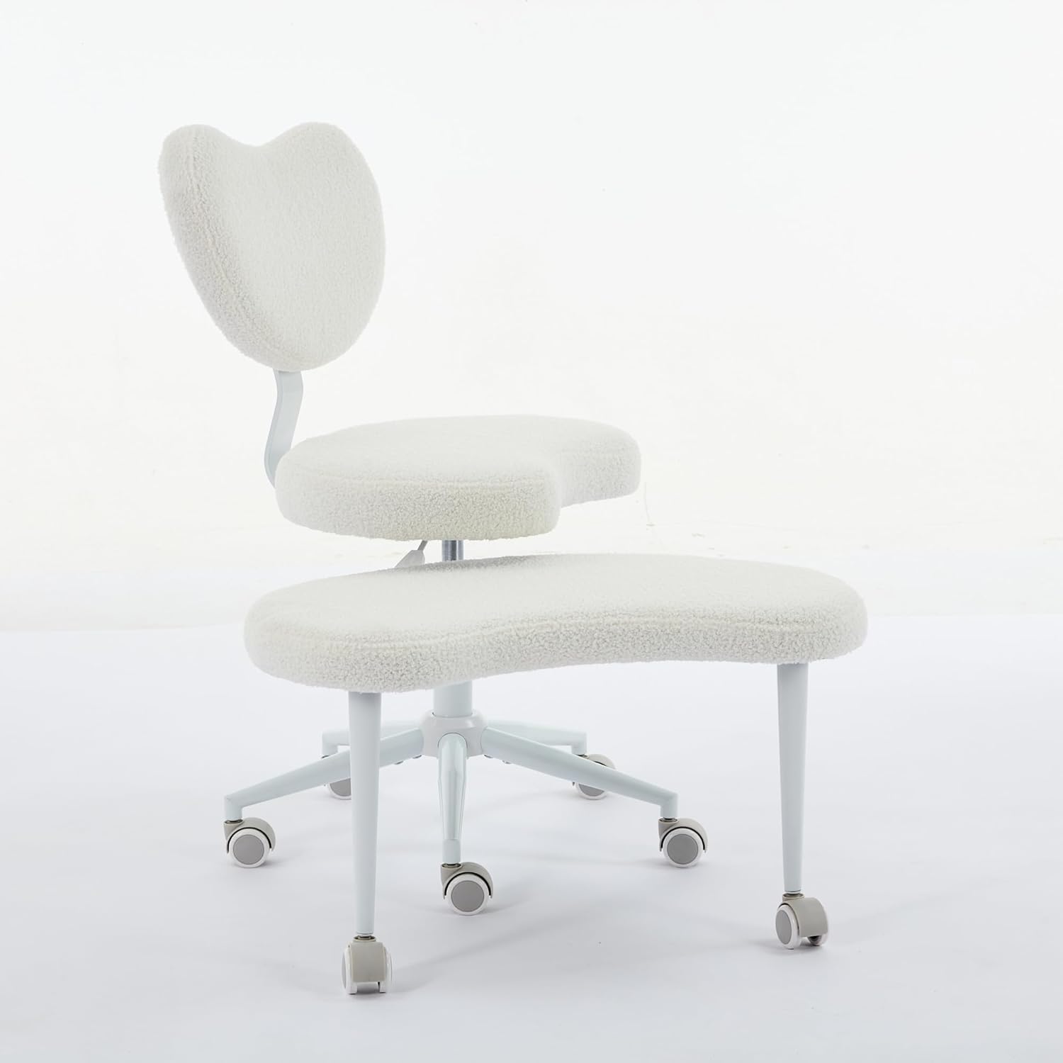 Cross Legged Office Chair with Wheels–360°Swivel Meditation Chair, Adjustable Height Yoga Office Chair for Adults, Ergonomic Kneeling Chair with Back Support for ADHD,Teddy Fabric Ivory