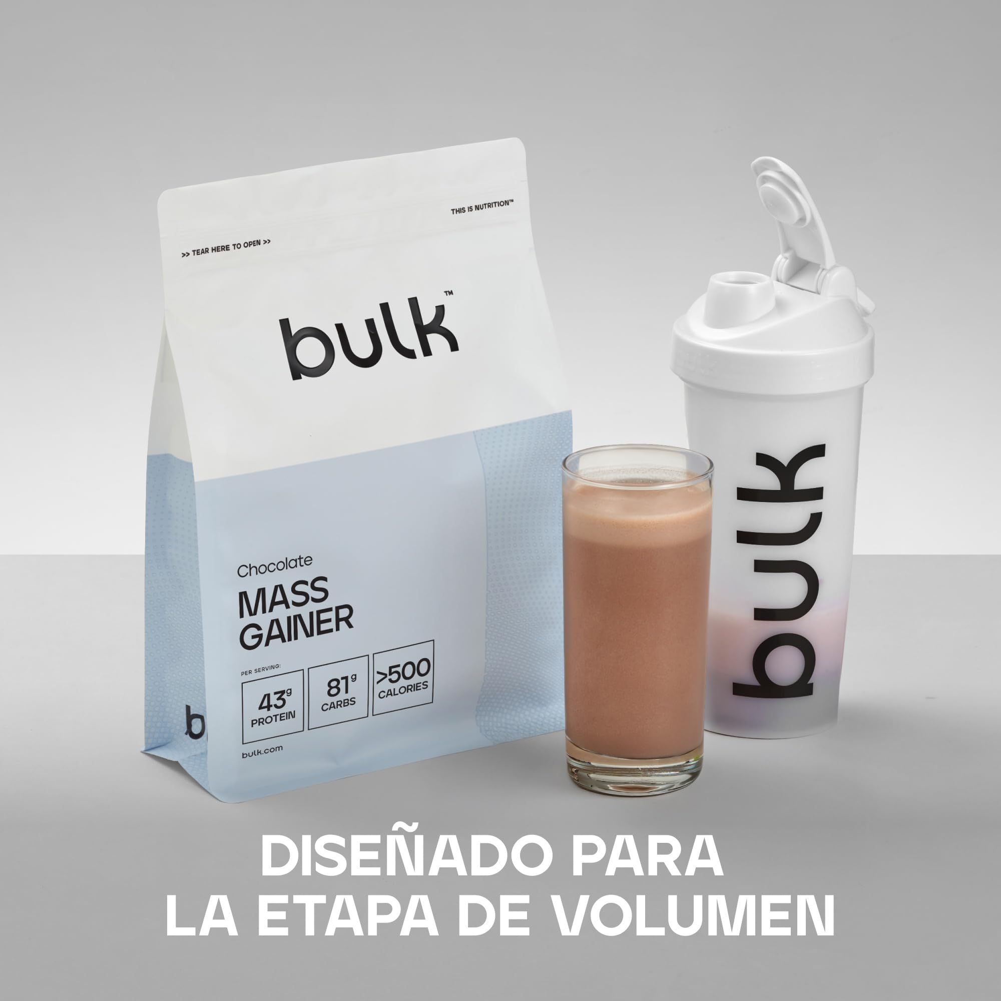 Bulk Mass Gainer Completo, Chocolate | 16 porciones, 43g proteína por porción, 81g carbohidratos, 500 kcal por porción, Gainer hipercalórico