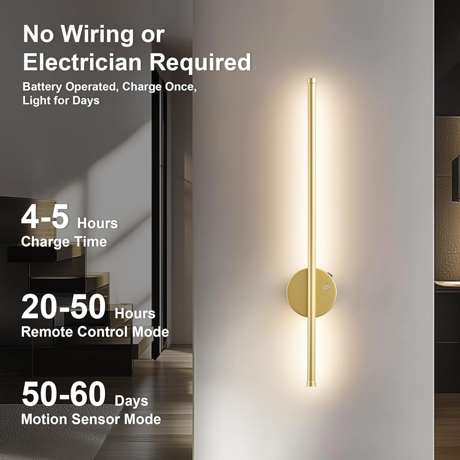 Lámpara de Pared LED Recargable Sin Conexión Eléctrica 100CM Largo Luz de Pared Detector de Movimiento Inalámbrico Luz de Pared Lámpara de Salón Regulable Mando a Distancia Luces,Oro,60CM