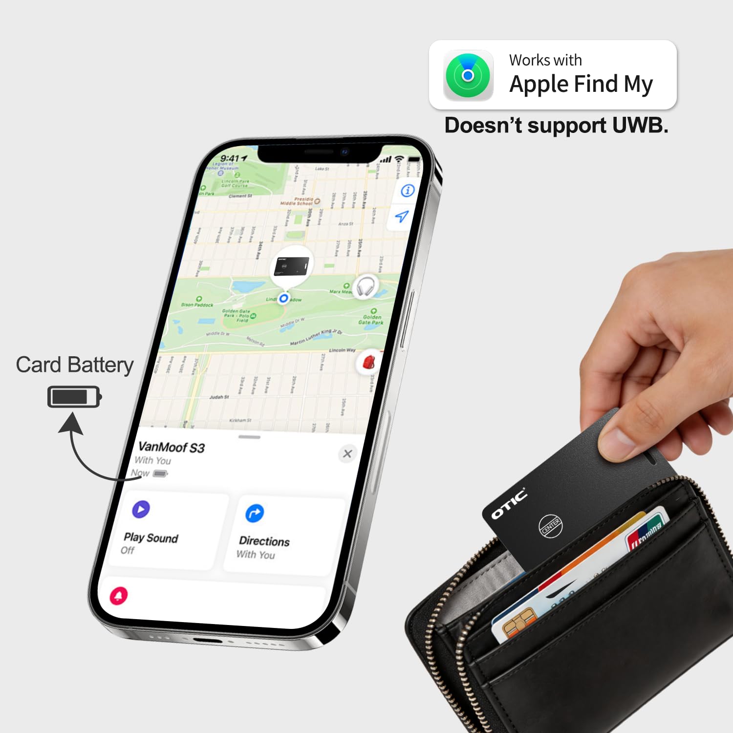 OTIC Wallet Tracker Card, ultra-sottile 1,7 mm ricaricabile Finder, funziona con Apple Find My (solo iOS), localizzatore di oggetti per etichette bagagli, passaporti, telefono, impermeabile IP67